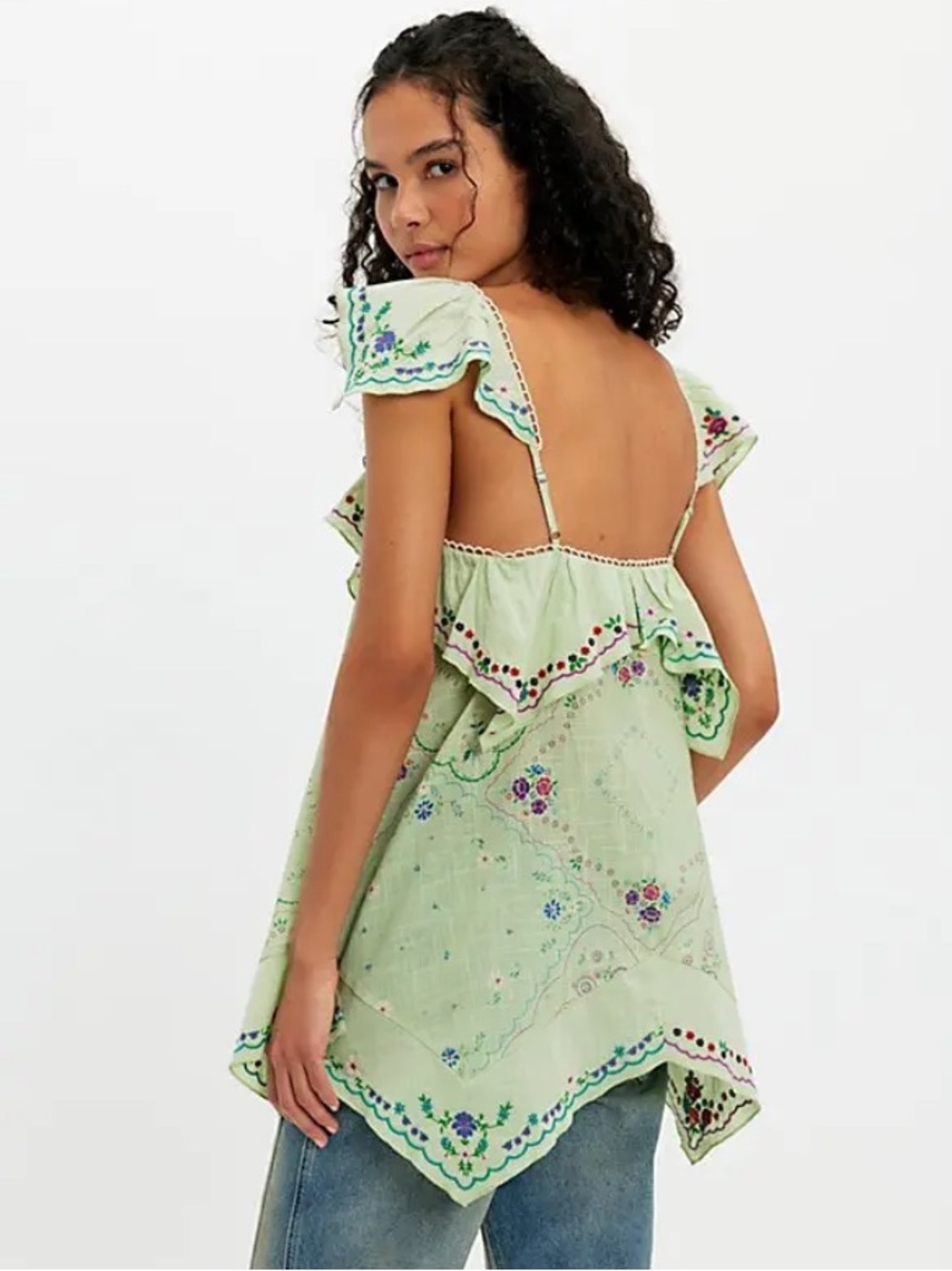 Free People Light Green Embroidered Floral tunic - Picture 2 of 11